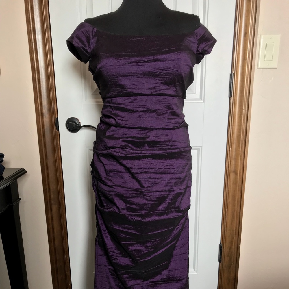 Alex Evenings Purple Satin Off-Shoulder Ruched Prom Dress